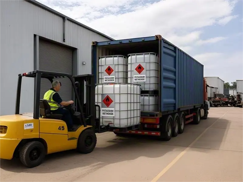 Tree Chem potassium methoxide, IBC container loading, chemical export plant, biodiesel catalyst supply, hazardous chemical shipping